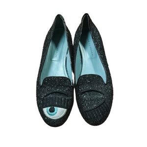 Chiara Ferragni Black Sparkle Glitter Argento Flirty Winking Eyes Loafer EU 38